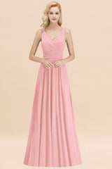 Modest Sleeveless V-Neck Long Chiffon Bridesmaid Dress Online with Ruffle-Babyonlines