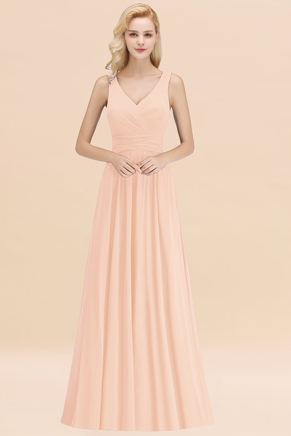 Modest Sleeveless V-Neck Long Chiffon Bridesmaid Dress Online with Ruffle-Babyonlines