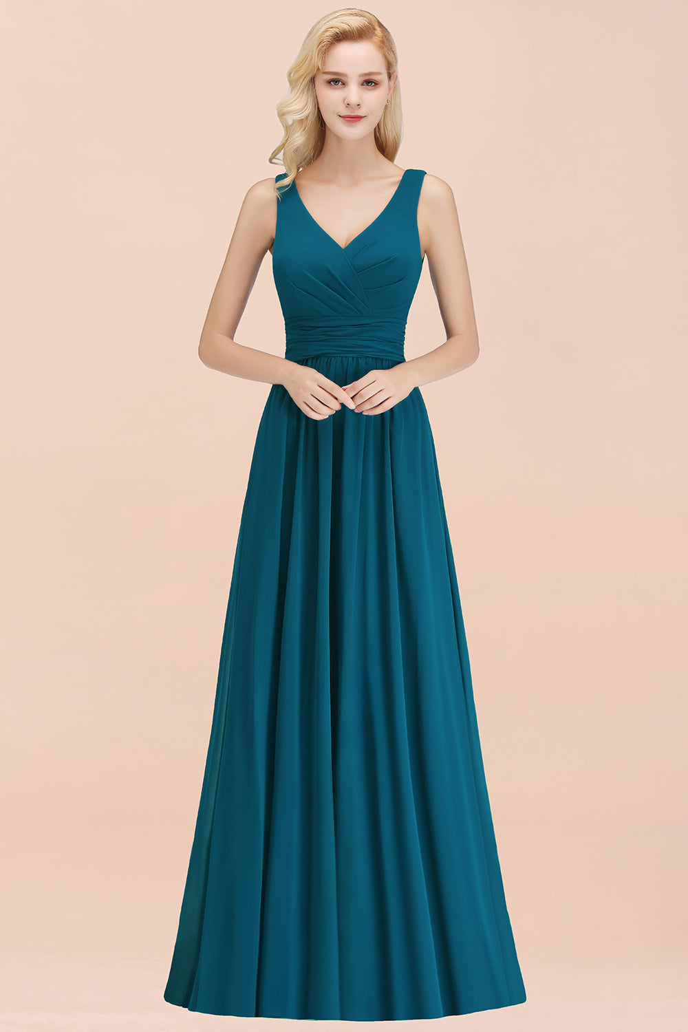 Modest Sleeveless V-Neck Long Chiffon Bridesmaid Dress Online with Ruffle-Babyonlines