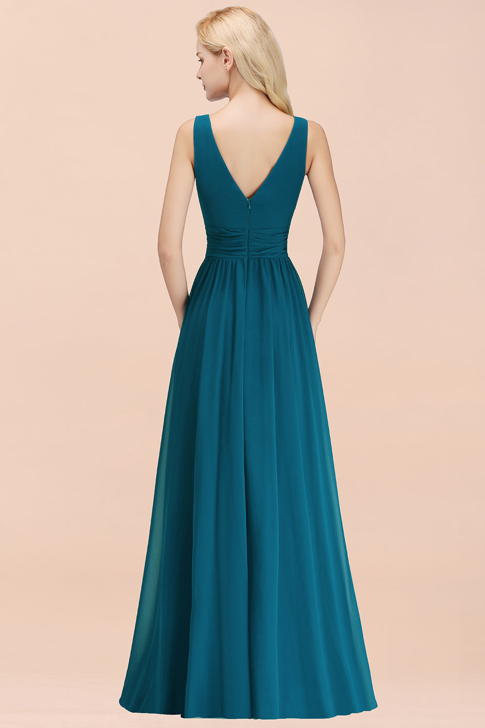 Modest Sleeveless V-Neck Long Chiffon Bridesmaid Dress Online with Ruffle-Babyonlines