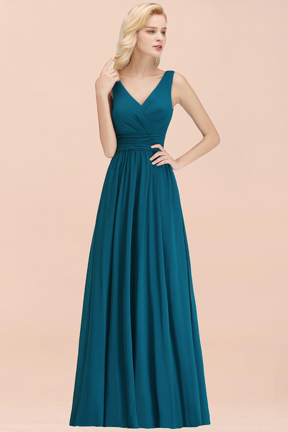 Modest Sleeveless V-Neck Long Chiffon Bridesmaid Dress Online with Ruffle-Babyonlines