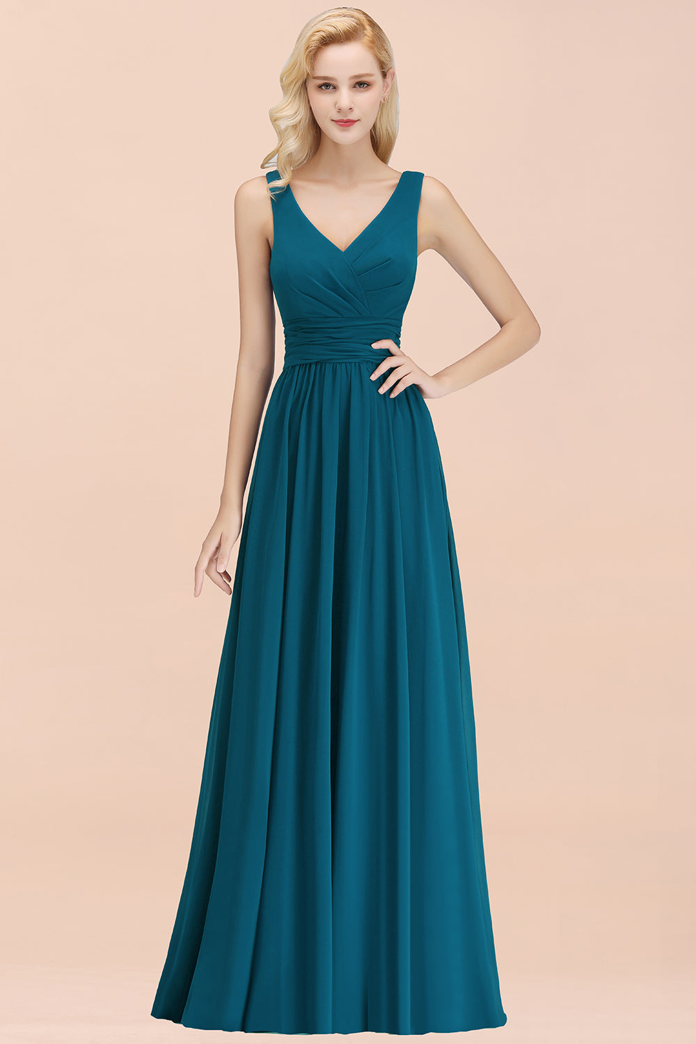 Modest Sleeveless V-Neck Long Chiffon Bridesmaid Dress Online with Ruffle-Babyonlines