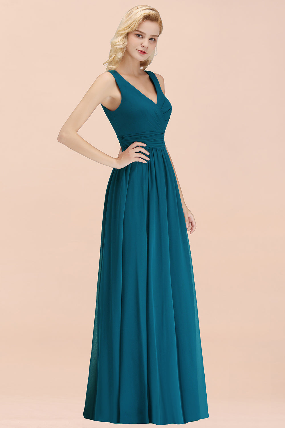 Modest Sleeveless V-Neck Long Chiffon Bridesmaid Dress Online with Ruffle-Babyonlines