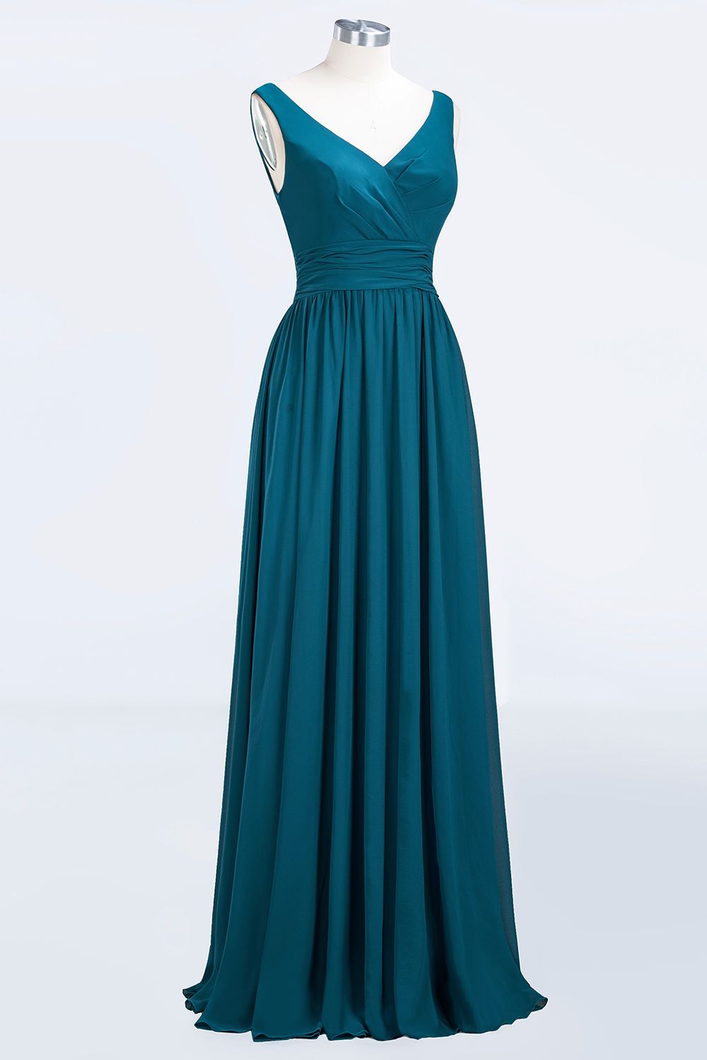 Modest Sleeveless V-Neck Long Chiffon Bridesmaid Dress Online with Ruffle-Babyonlines