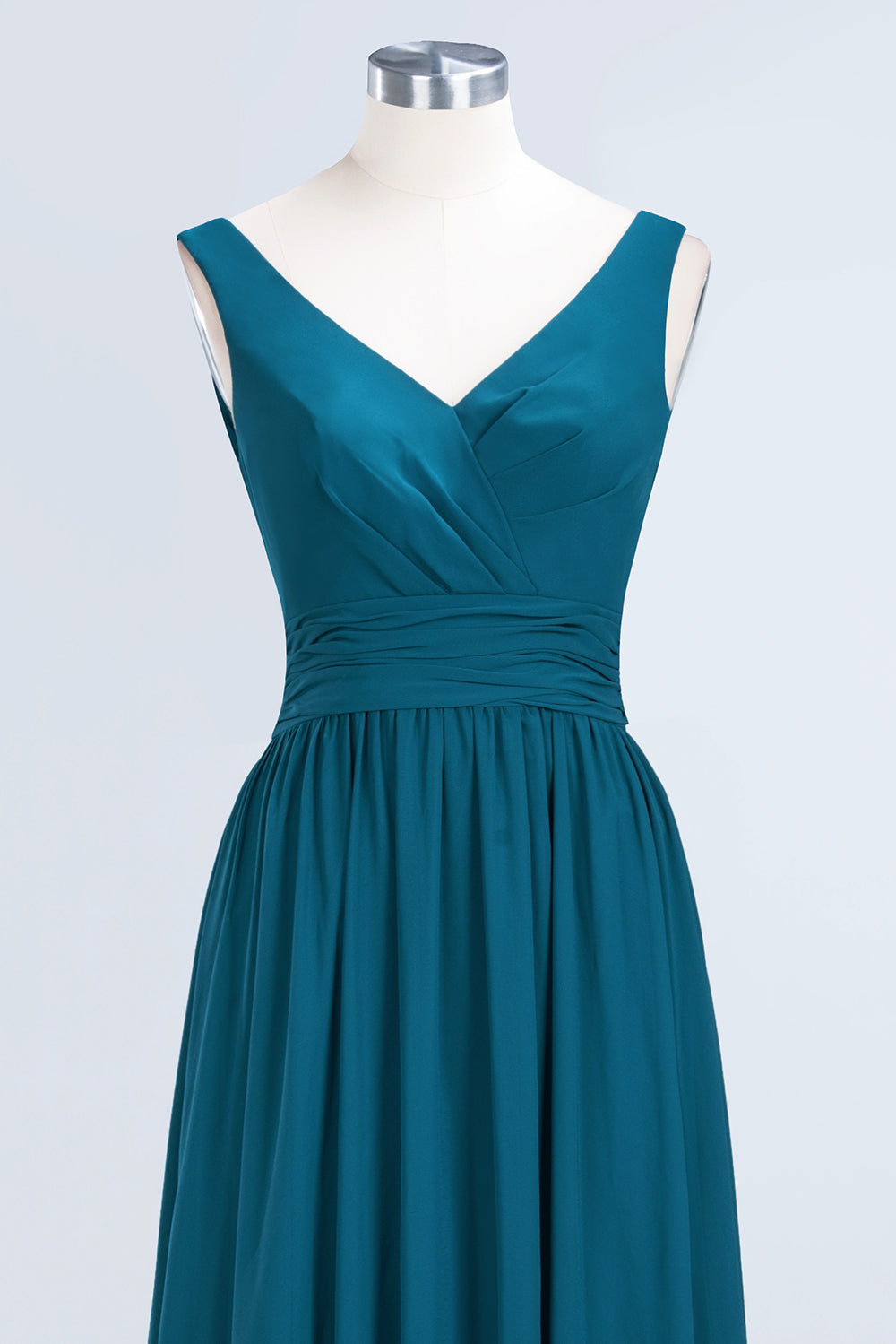 Modest Sleeveless V-Neck Long Chiffon Bridesmaid Dress Online with Ruffle-Babyonlines