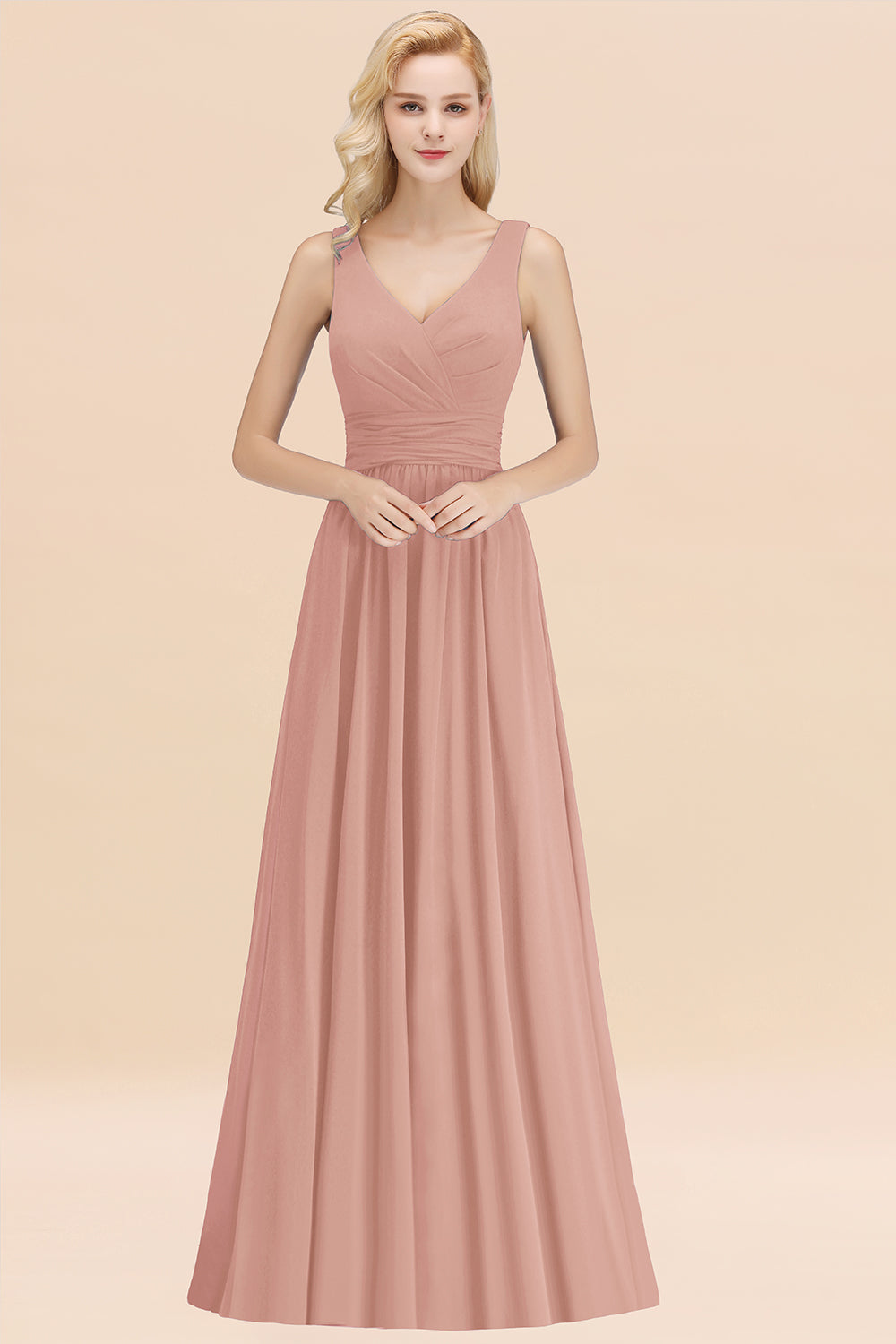 Modest Sleeveless V-Neck Long Chiffon Bridesmaid Dress Online with Ruffle-Babyonlines