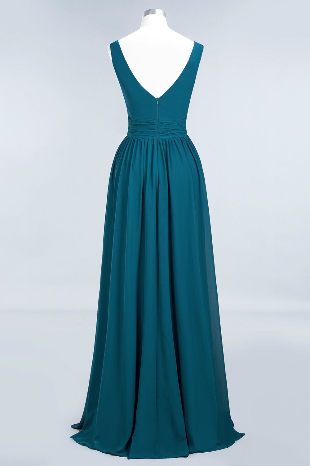 Modest Sleeveless V-Neck Long Chiffon Bridesmaid Dress Online with Ruffle-Babyonlines