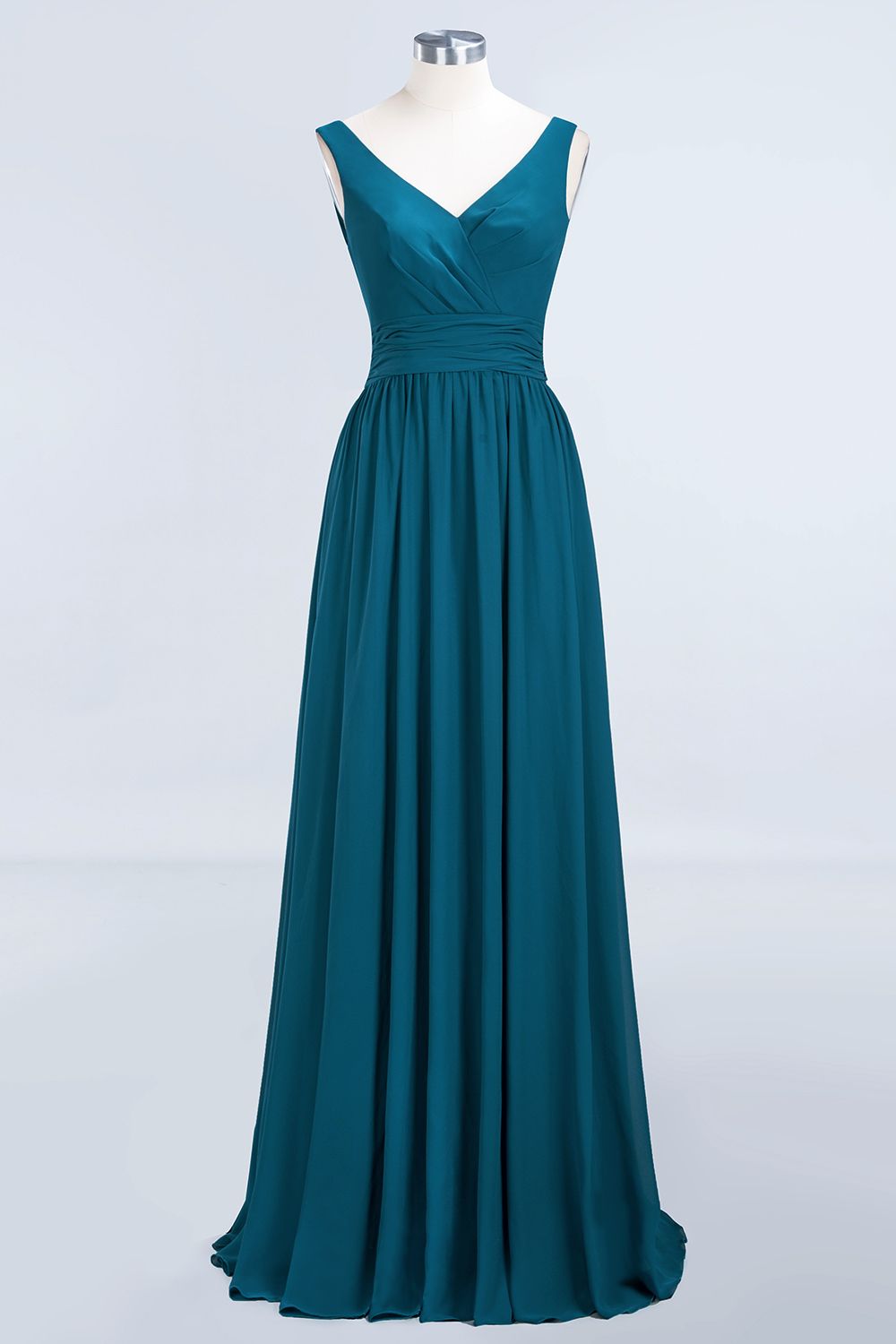 Modest Sleeveless V-Neck Long Chiffon Bridesmaid Dress Online with Ruffle-Babyonlines