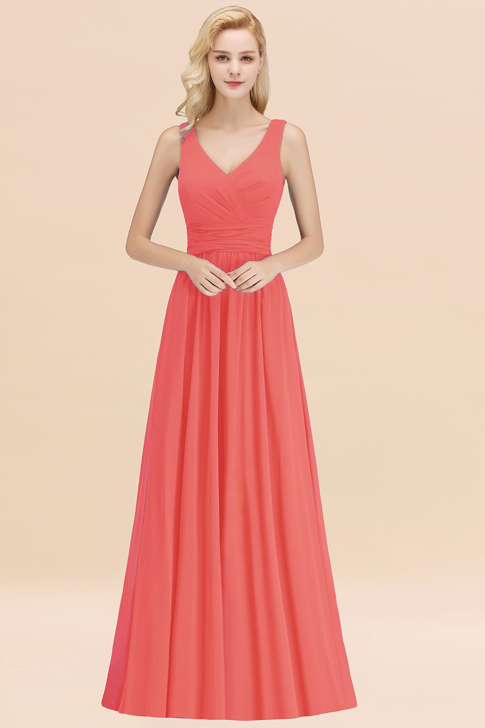 Modest Sleeveless V-Neck Long Chiffon Bridesmaid Dress Online with Ruffle-Babyonlines