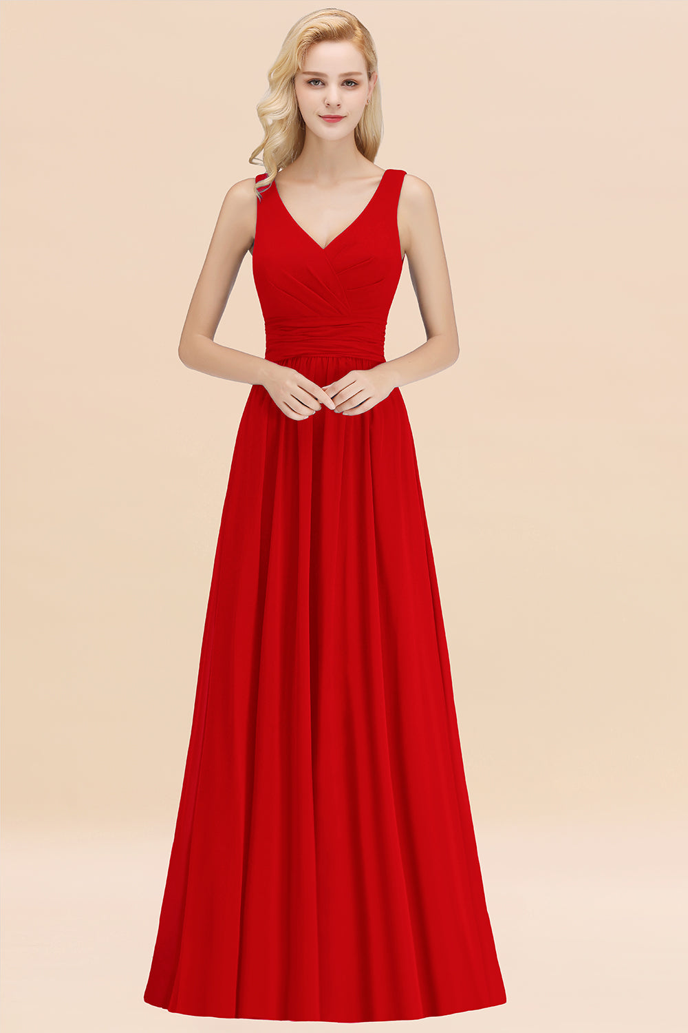 Modest Sleeveless V-Neck Long Chiffon Bridesmaid Dress Online with Ruffle-Babyonlines