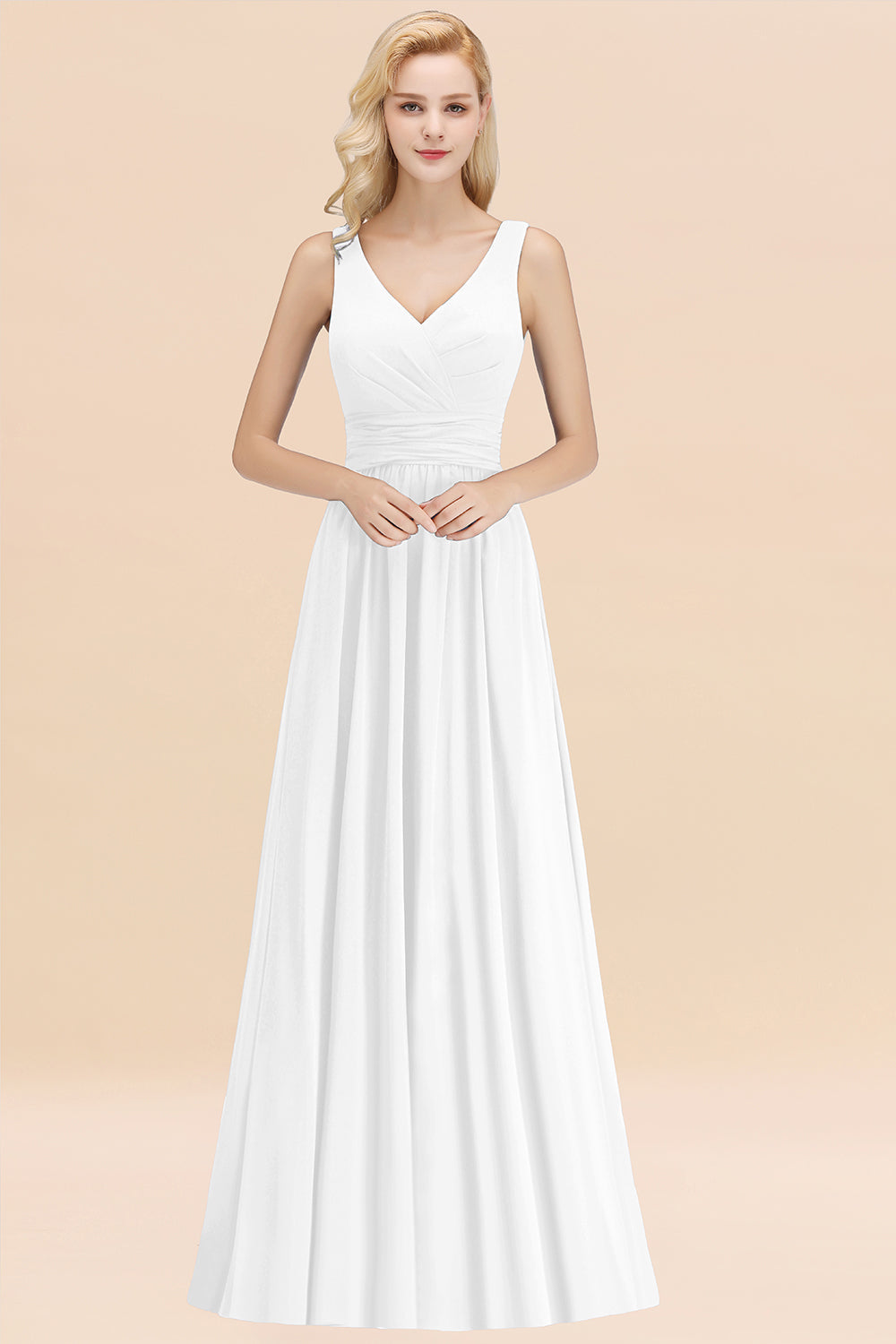 Modest Sleeveless V-Neck Long Chiffon Bridesmaid Dress Online with Ruffle-Babyonlines