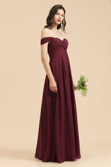 New Arrival A-line Off-the-shoulder Sweetheart Burgundy Long Bridesmaid Dress-Babyonlines