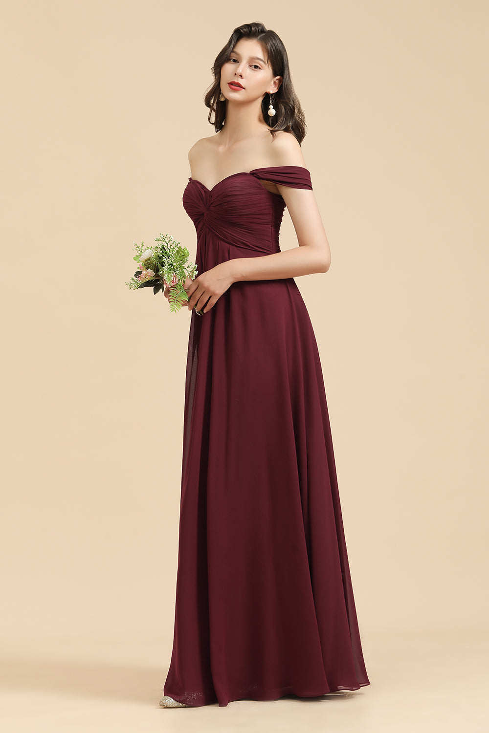 New Arrival A-line Off-the-shoulder Sweetheart Burgundy Long Bridesmaid Dress-Babyonlines