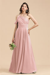 New Arrival Black One Shoulder A-line Long Bridesmaid Dress-Babyonlines