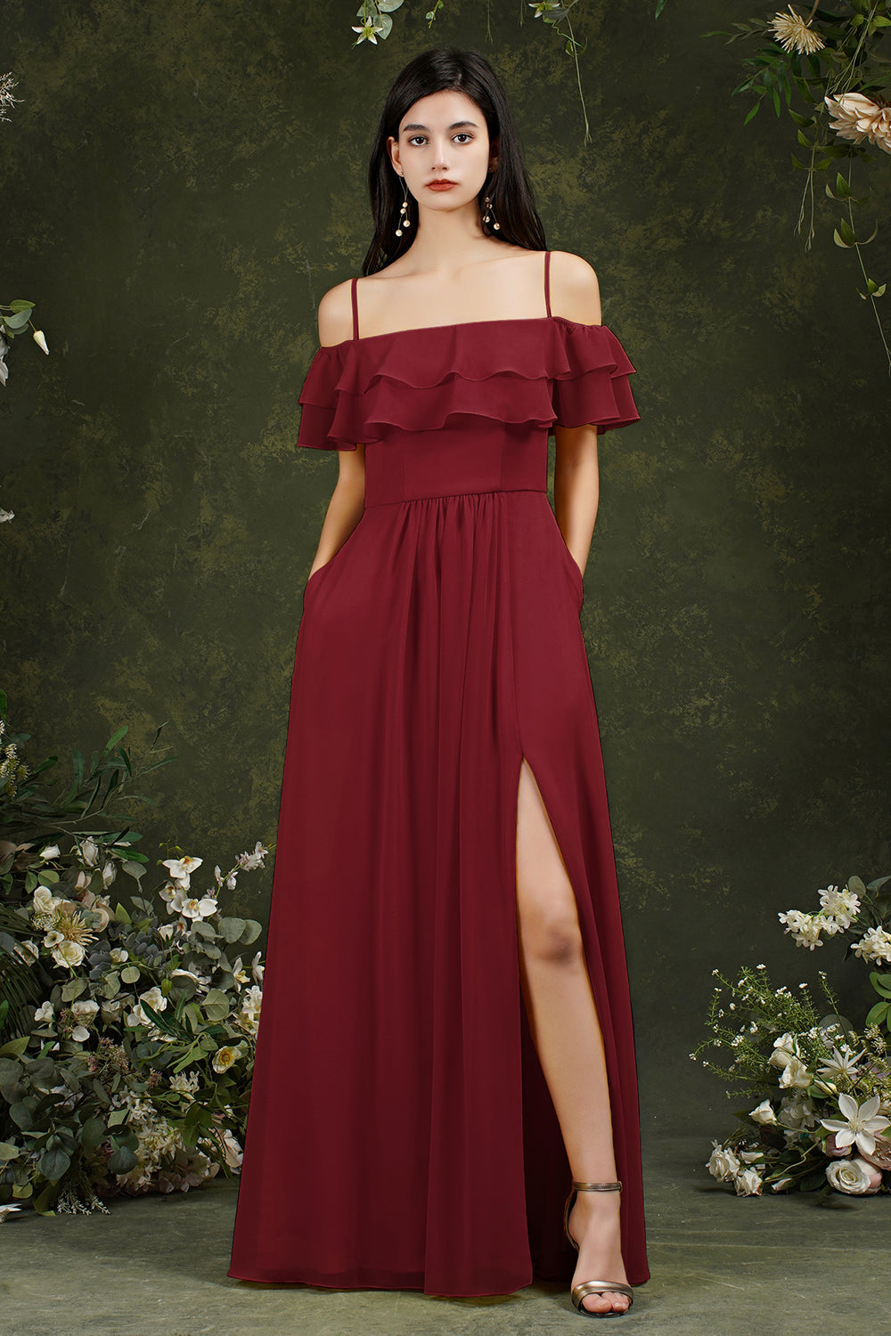 Off-the-Shoulder Bridesmaid Dress Ruffles With Slit-Babyonlines