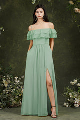 Off-the-Shoulder Bridesmaid Dress Ruffles With Slit-Babyonlines