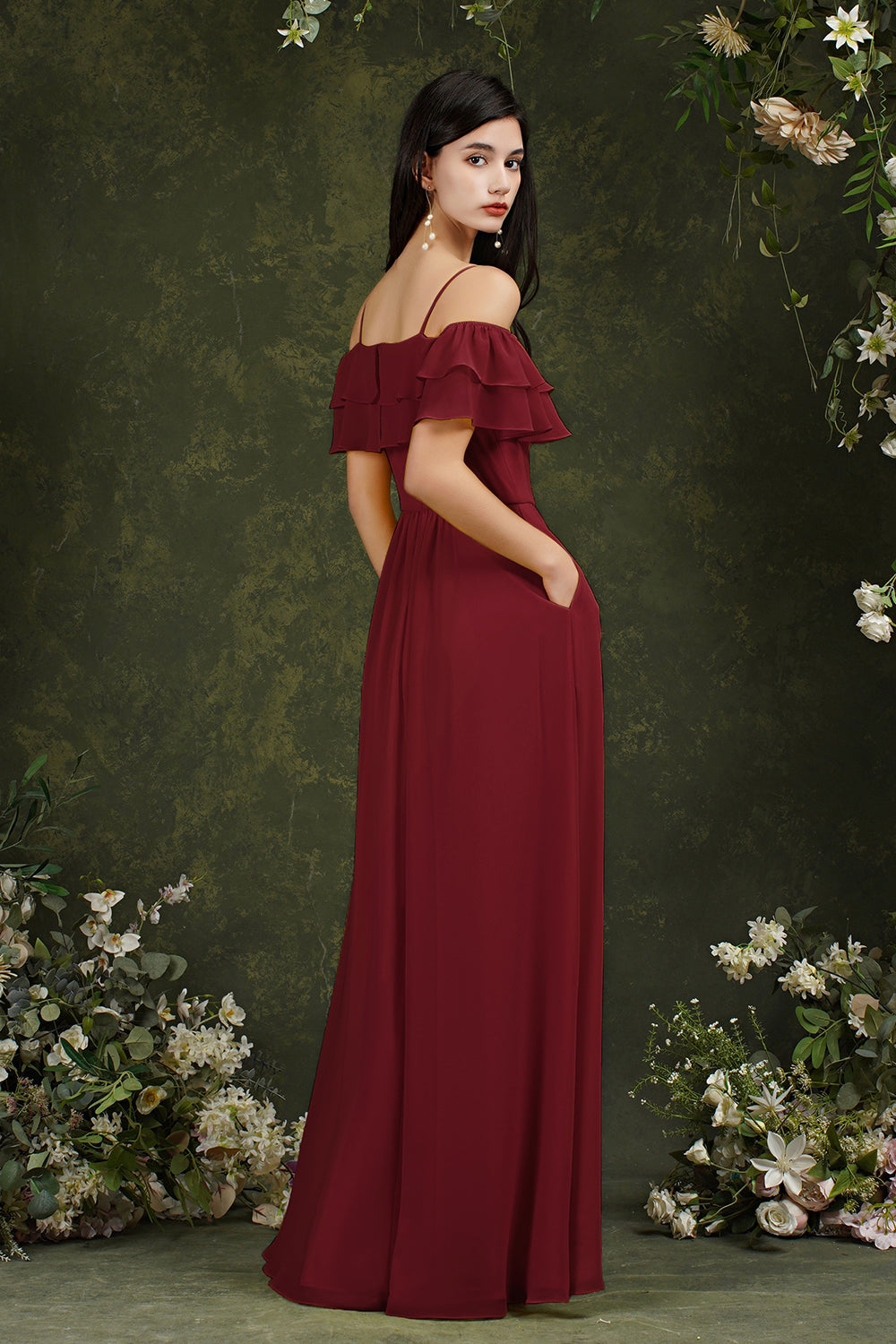 Off-the-Shoulder Bridesmaid Dress Ruffles With Slit-Babyonlines