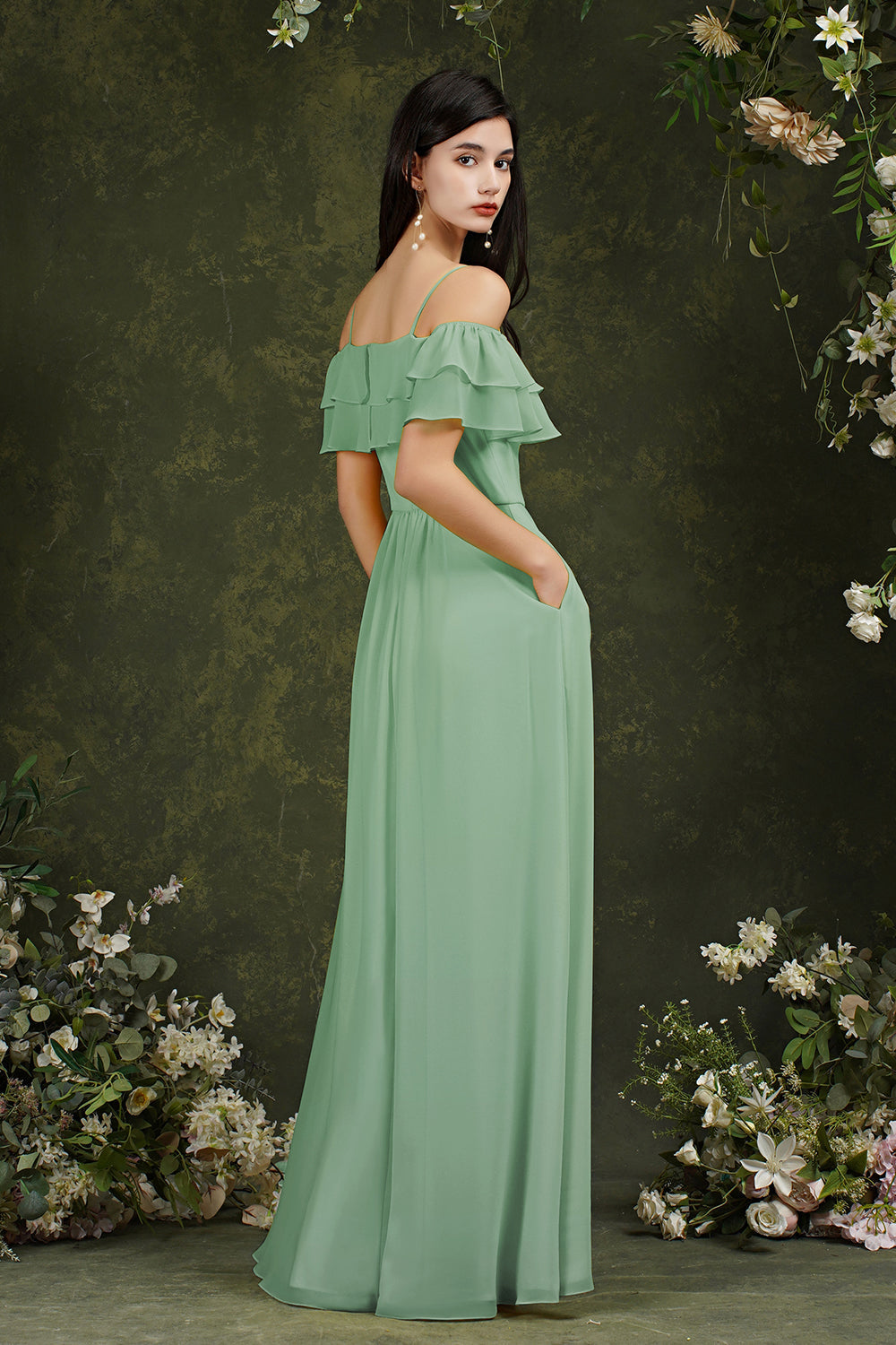 Off-the-Shoulder Bridesmaid Dress Ruffles With Slit-Babyonlines