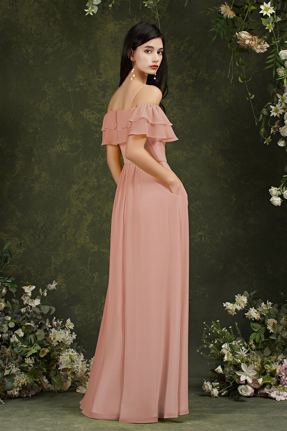 Off-the-Shoulder Bridesmaid Dress Ruffles With Slit-Babyonlines