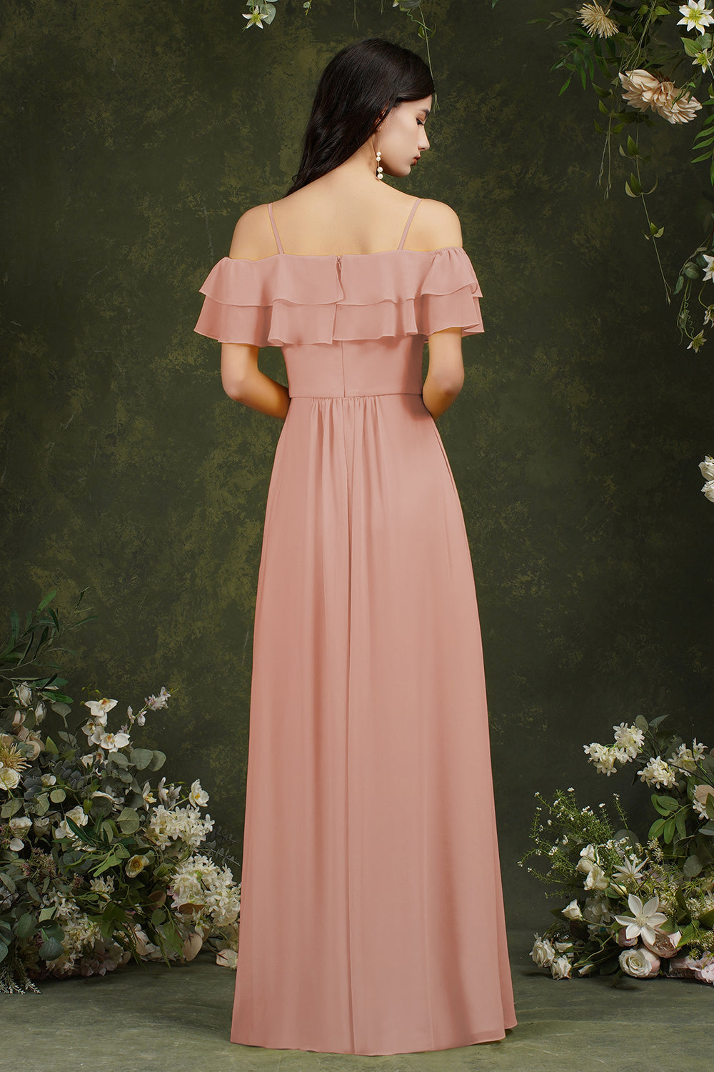 Off-the-Shoulder Bridesmaid Dress Ruffles With Slit-Babyonlines