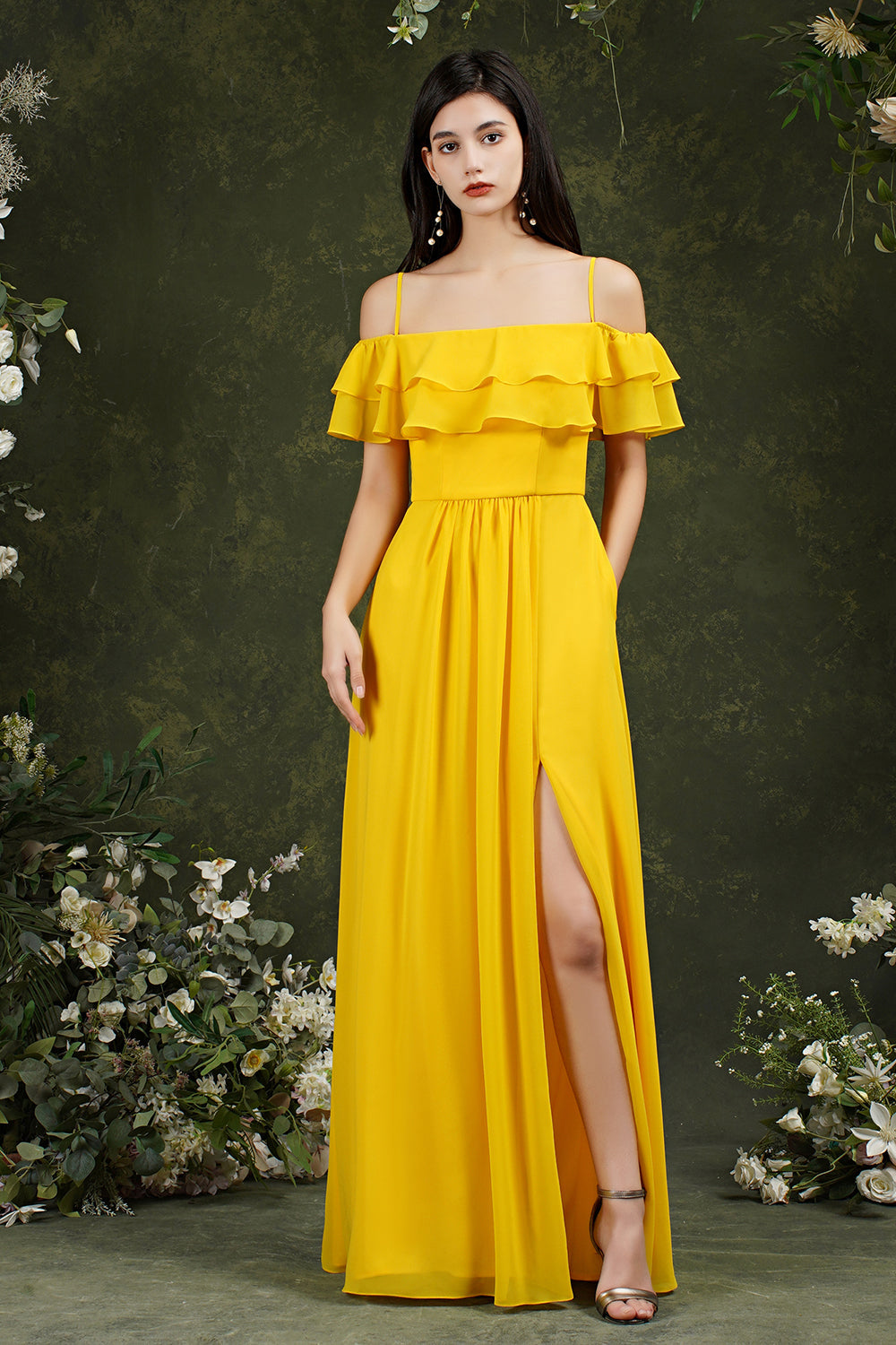 Off-the-Shoulder Bridesmaid Dress Ruffles With Slit-Babyonlines