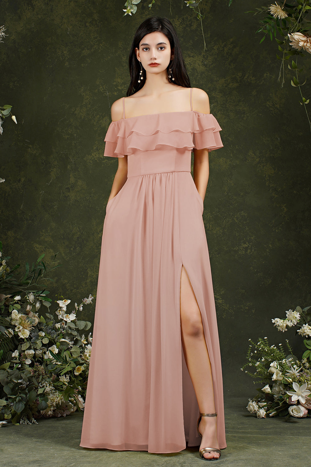 Off-the-Shoulder Bridesmaid Dress Ruffles With Slit-Babyonlines