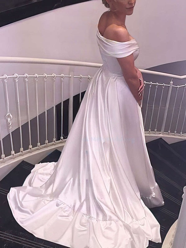 Off-the-shoulder Satin Sweep Train Wedding Dress With Ruffles for Ball Gowns