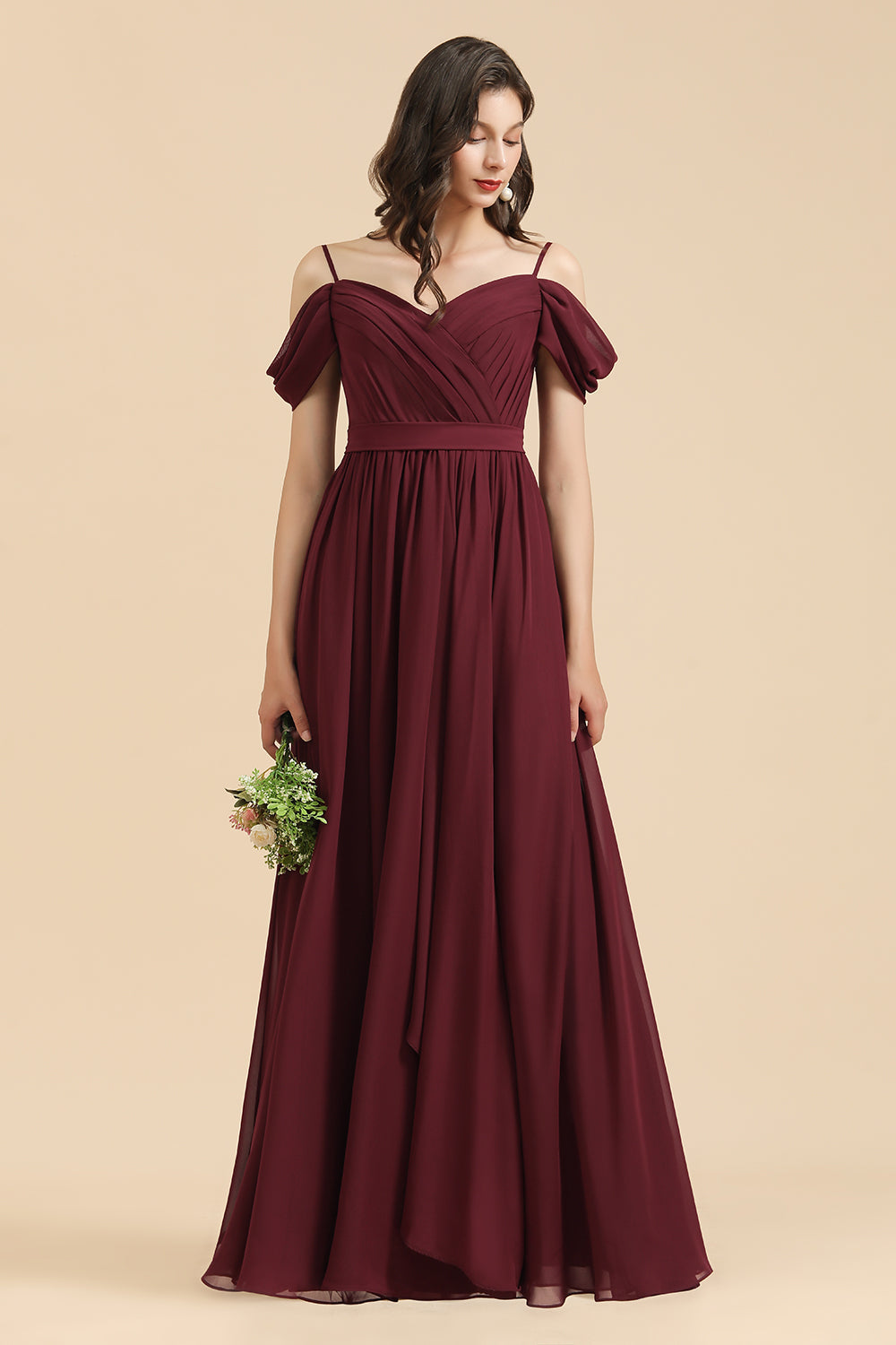 Off-the-Shoulder Sweetheart Burgundy Long Bridesmaid Dress With Slit-Babyonlines