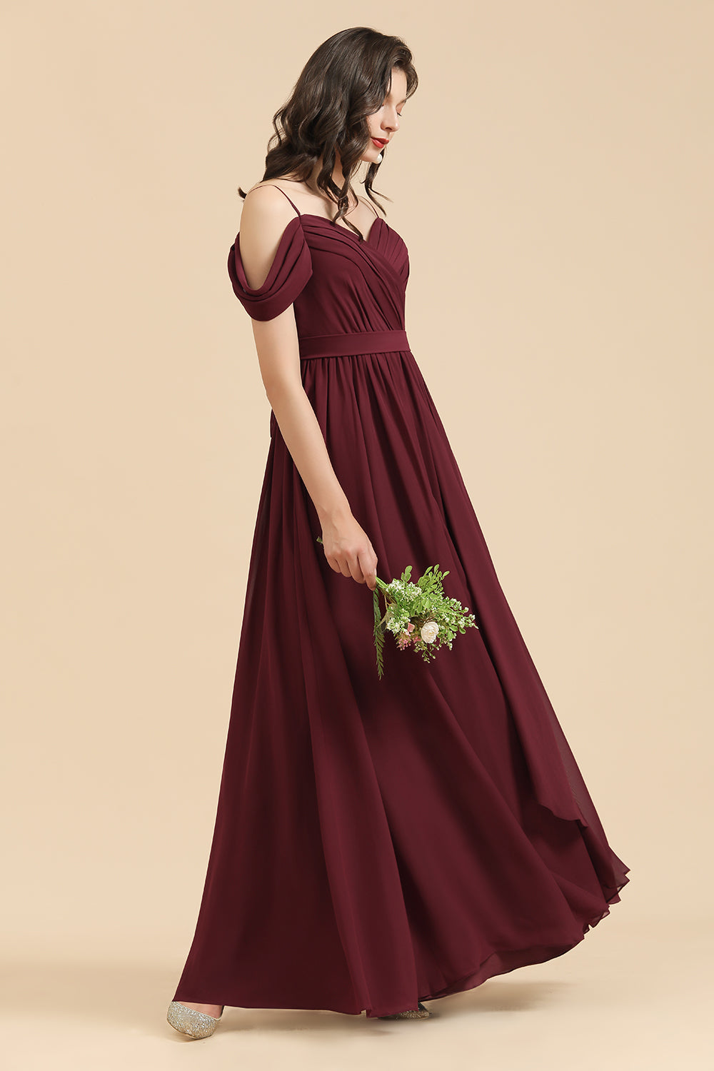 Off-the-Shoulder Sweetheart Burgundy Long Bridesmaid Dress With Slit-Babyonlines