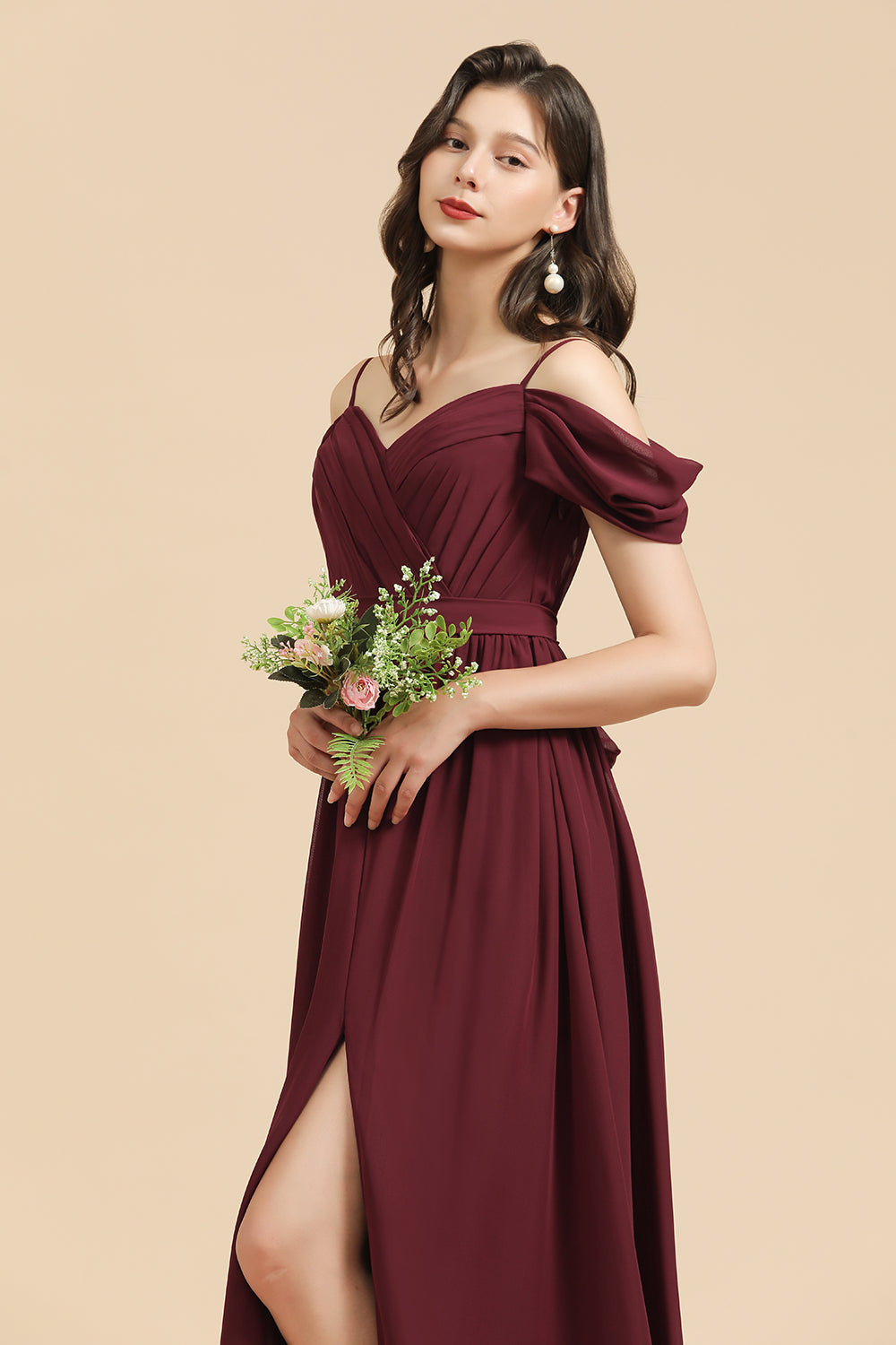 Off-the-Shoulder Sweetheart Burgundy Long Bridesmaid Dress With Slit-Babyonlines