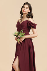 Off-the-Shoulder Sweetheart Burgundy Long Bridesmaid Dress With Slit-Babyonlines