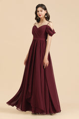 Off-the-Shoulder Sweetheart Burgundy Long Bridesmaid Dress With Slit-Babyonlines