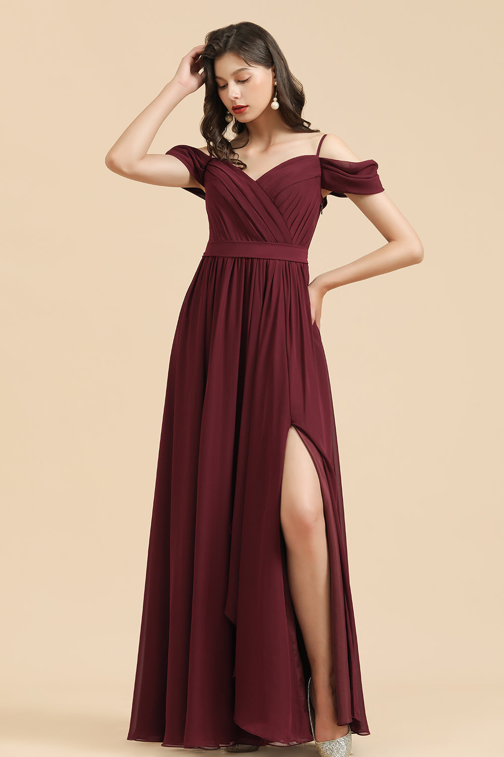 Off-the-Shoulder Sweetheart Burgundy Long Bridesmaid Dress With Slit-Babyonlines