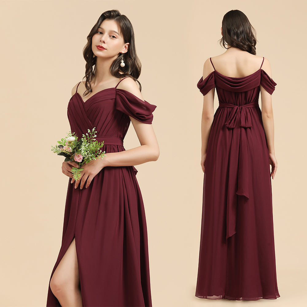 Off-the-Shoulder Sweetheart Burgundy Long Bridesmaid Dress With Slit-Babyonlines