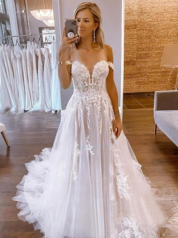 Off-the-shoulder Tulle Ball Gown With Appliques Lace Sweeptrain Wedding Dress