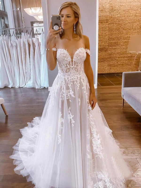 Off-the-shoulder Tulle Ball Gown With Appliques Lace Sweeptrain Wedding Dress