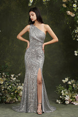 One Shoulder Silver Sequins Bridesmaid Dress Mermaid With Slit-Babyonlines