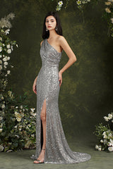 One Shoulder Silver Sequins Bridesmaid Dress Mermaid With Slit-Babyonlines