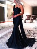 One Shoulder Trumpet/Mermaid Prom Dress with Satin Ruffles and Sweep Train