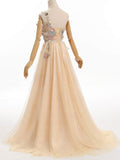 One Shoulder Tulle Flower Prom Dresses with Ball Gown/Princess Sweep Train