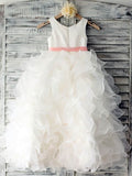 Organza Ball Gown with Scoop Neck and Elastic Woven Satin Sashes for Flower Girl