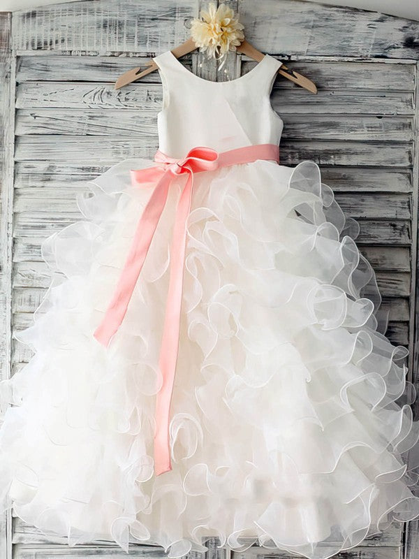 Organza Ball Gown with Scoop Neck and Elastic Woven Satin Sashes for Flower Girl