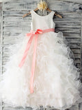 Organza Ball Gown with Scoop Neck and Elastic Woven Satin Sashes for Flower Girl