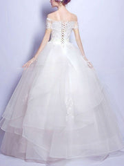 Organza Floor-length Wedding Dress with Appliques Lace - Off-the-shoulder Ball Gown