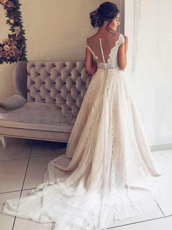 Pearl Detailed Illusion Lace Ball Gown Wedding Dress with Sweep Train