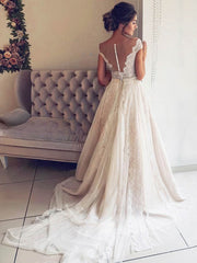 Pearl Detailed Illusion Lace Ball Gown Wedding Dress with Sweep Train