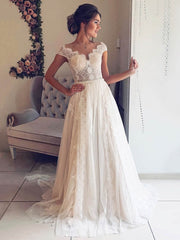 Pearl Detailed Illusion Lace Ball Gown Wedding Dress with Sweep Train