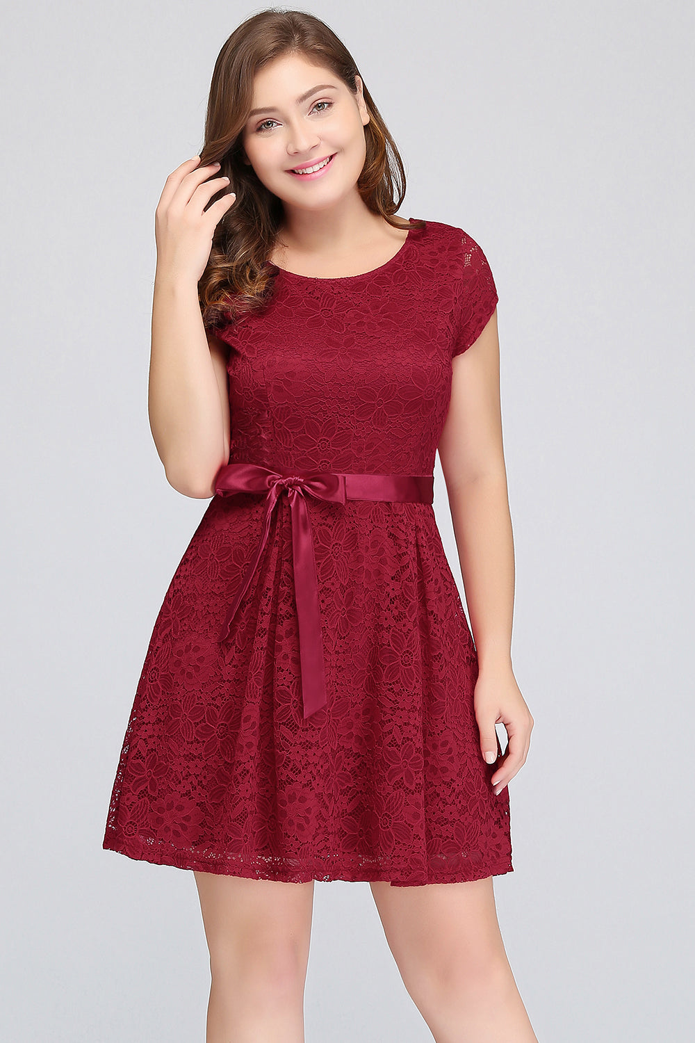 Plus Size A-Line Jewel Burgundy Lace Bridesmaid dress with Short Sleeves-Babyonlines