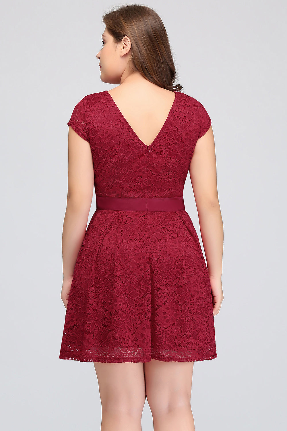 Plus Size A-Line Jewel Burgundy Lace Bridesmaid dress with Short Sleeves-Babyonlines