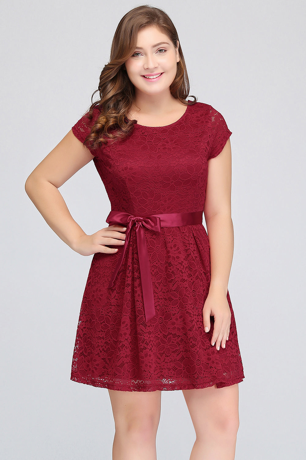 Plus Size A-Line Jewel Burgundy Lace Bridesmaid dress with Short Sleeves-Babyonlines